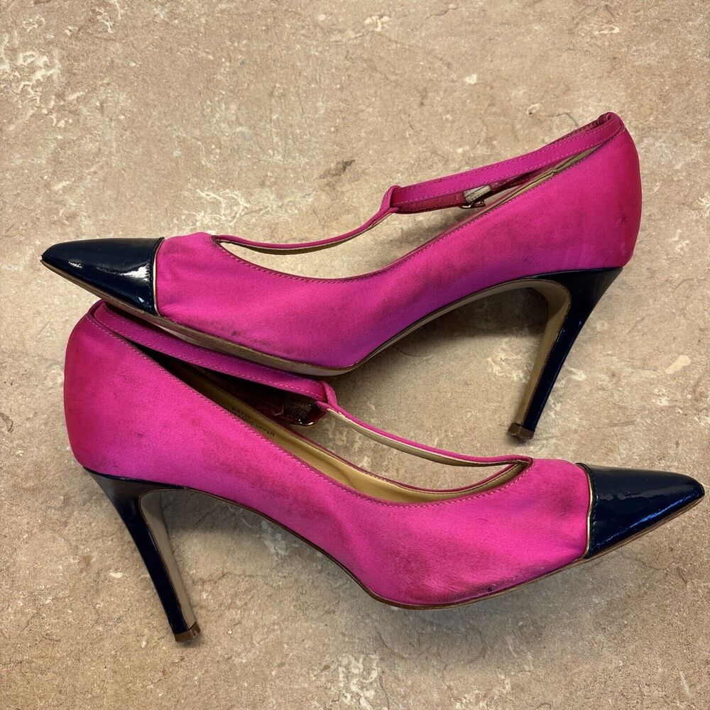 J Crew Women Pink Satin Heels Navy Blue Patent Leather Toe Heels T Strap 8.5 - Picture 6 of 11